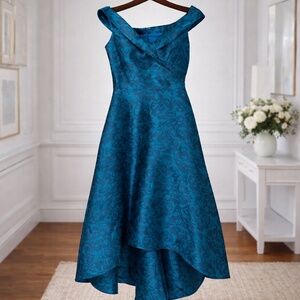 Teri Jon Teal Jacquard Fit & Flare Dress